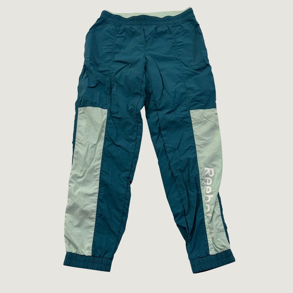 Reebok Track Pants Small Teal Mint Colorblock Nylon Mesh Lined Joggers Pockets
